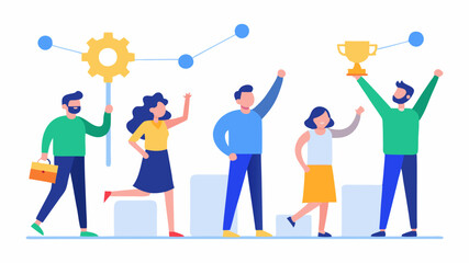 A visual representation of a project timeline with milestones marked and team members celebrating achievements promoting motivation and recognition.