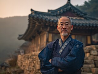 Wise Asian man with glasses in traditional attire stands outside a temple with pride