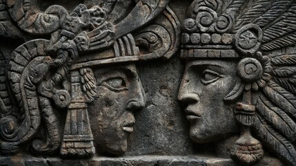 Obraz premium Ancient Mayan Stone Carvings Depicting Faces and Intricate Details.
