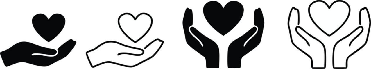 Hands Holding Heart Icon Set – Love, Care, Charity, and Support Symbol Collection