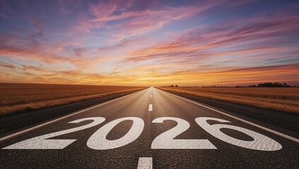 New Year 2026 Written on the Road at Sunset – A Symbol of Planning and Challenge Ahead
