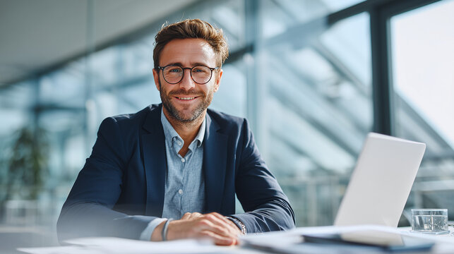Confident businessman smiling at desk with laptop, glasses, professional, modern office