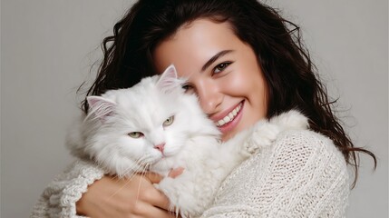 Smiling woman cuddling fluffy white cat expressing love and affection indoors