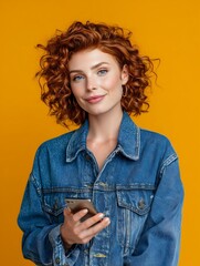 Smiling redhead woman with curly hair holds smartphone in bright yellow studio setting