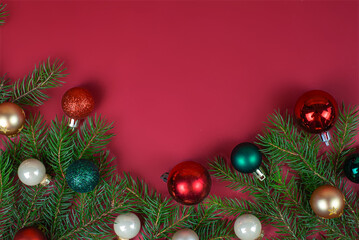 Christmas tree corner with red and gold ornaments on Red background, perfect for holiday designs