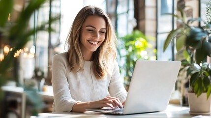 Smiling woman working on laptop at cafe, enjoying a bright, sunny day