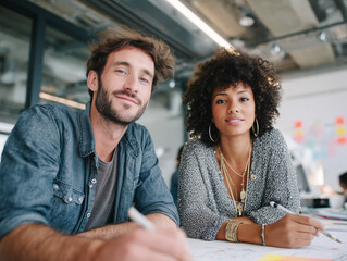 Confident colleagues collaborating on innovative project in modern office