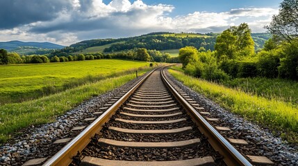 Fototapeta premium Railway tracks stretch through a green landscape under a cloudy sky.