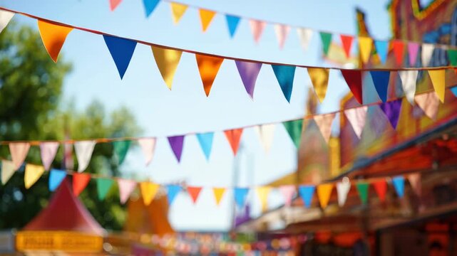 Colorful pennant flags, festive street decoration, summer celebration, carnival mood, outdoor party, fairground vibes, cheerful atmosphere, vibrant event, amusement park, sunny day festivity