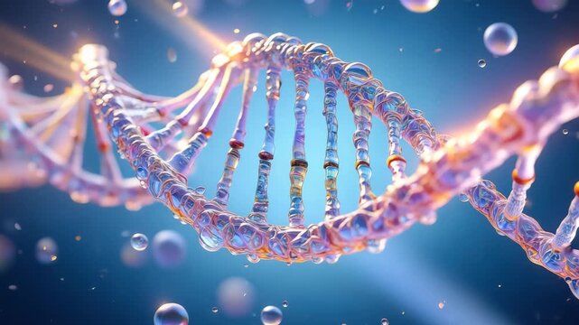 DNA helix with bubbles on blue background, genetic research, biotechnology, molecular structure, biochemistry, scientific innovation, gene editing, colorful DNA strand, futuristic science
