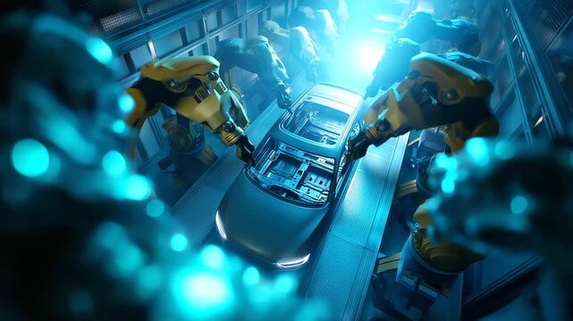 A flyover shot following a car frame traveling along a conveyor surrounded by robots, under soft industrial light, highlighting automated precision and futuristic design, serene fa