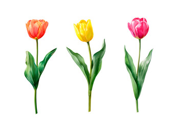 Watercolor tulip flowers set. Red and pink tulips with green leaves. Spring floral clipart isolated on white