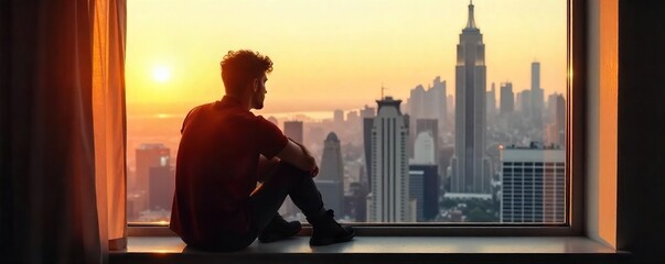 Contemplative Man Gazing at Cityscape in Golden Hour Light, Feeling Introspective and Peaceful Solitude