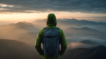 A lone figure stands, gazing at a majestic mountain landscape. The person is wearing a jacket with a hood and backpack, their gaze fixed upon the magnificent view