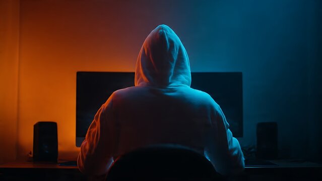 A hooded person working on a computer in a dim lit room with blue and orange colors