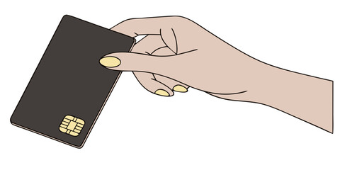 hand holding black chip card credit debit card payment illustration contactless transaction banking finance security concept design isolated on white background.