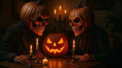 Two figures wearing pumpkin skull masks sit at a dimly lit table with a carved jack-o'-lantern, surrounded by flickering candles, creating an eerie Halloween atmosphere - Powered by Adobe