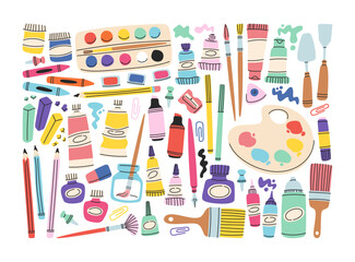 Colorful drawing and painting tools hand drawn collection with brushes, paints, crayons, pencils