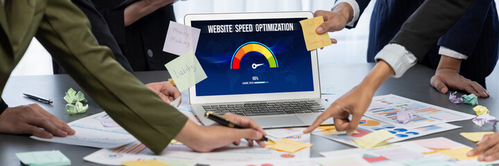 Analyst team use sticky note for creative and analytic brainstorm for business idea with BI data dashboard on laptop screen. Analysis financial data visualization tech for marketing strategy. Prodigy