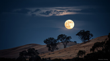 A stunning image of a full moon illuminating the night sky. The moon shines brightly above a landscape with trees and hills