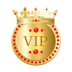 Golden VIP badge with crown and ruby gems, vector emblem on white background