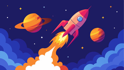 A stylized rocket launching into a starry sky with vibrant flames and smoke trails illustrating powerful thrust against a backdrop of distant planets.