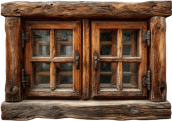 Rustic window ornate wood frame, small panes, metal hardware