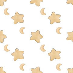seamless pattern with cartoon star, moon, decor elements. Colorful illustration flat style for kids. Space. hand drawing. baby design for fabric, print, wrapper, textile