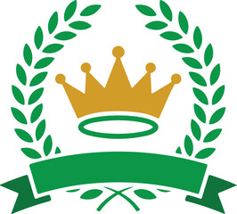 Golden crown laurel wreath and green ribbon award emblem design