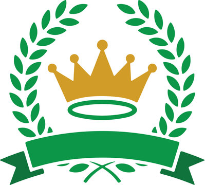 Golden crown laurel wreath and green ribbon award emblem design