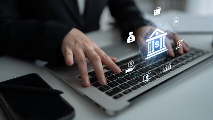 Concept of digital banking and global financial services. A network of secure online transactions, currency exchange, and money management for the international economy. Fermion