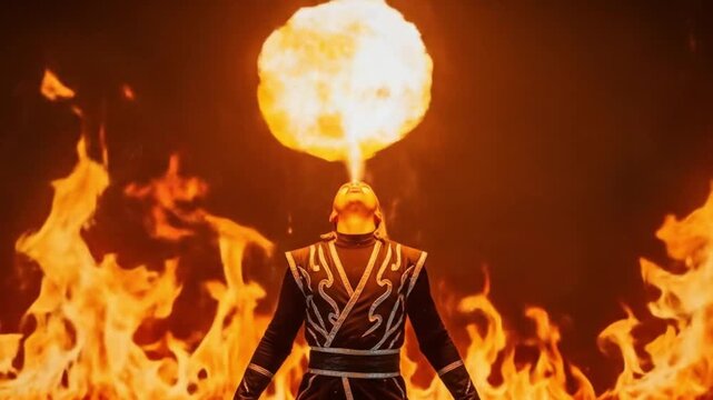 Dynamic fire breather performance with flames, a captivating spectacle for entertainment and artistic expression, perfect for event promotions