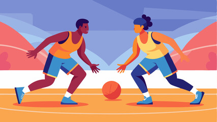 Naklejka premium A pair of basketball players engaged in a lively game showcasing dribbling passing and athleticism with a vibrant court atmosphere.