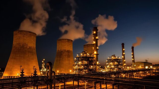 Industrial power plant with cooling towers and smokestacks emitting steam at dusk, illuminated by artificial lights, showcasing heavy industry and energy production vector illustration
