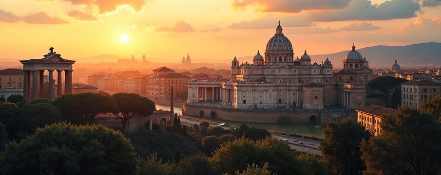 Serene Roman Dawn Ancient Ruins Bathed in Golden Sunlight, Inspiring Calm and Contemplation