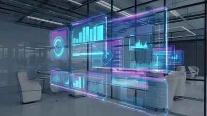 Modern office meeting room with holographic data displays and charts abstract analysis - Powered by Adobe
