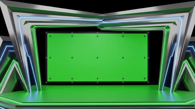 Modern virtual stage with green screen for event broadcasts and presentations, dynamic 3D motion graphics for immersive studio production