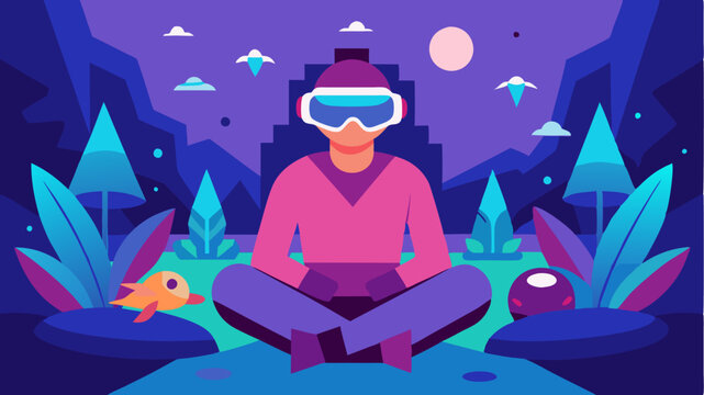 A user seated in a simulated environment wearing a VR headset fully immersed in a vibrant gaming landscape with animated characters.