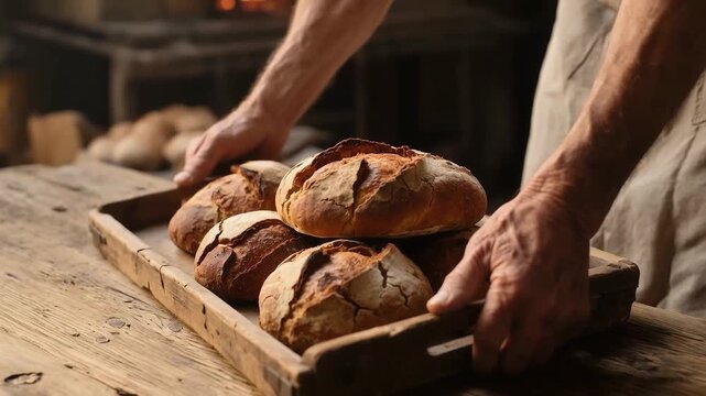 A baker carries loaves of freshly baked bread on a wooden tray in a medieval setting, close-up. The concept of the baker's profession and traditional food