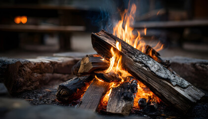 Outdoor campfire with burning logs and smoke