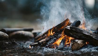 Outdoor campfire with burning logs and smoke