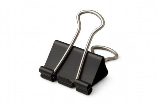 Black binder clip holding papers, essential office supply for organization and document management