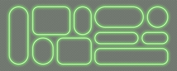 Neon glowing frames, green night banners light effect, bright illuminated borders. Rounded rectangles design elements. Vector light effect.