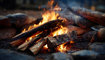 Outdoor campfire with burning logs and smoke