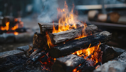 Outdoor campfire with burning logs and smoke