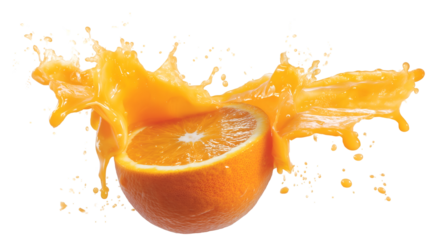 Vibrant splash of citrus juice erupting from a ripe, juicy orange against a clean backdrop: a burst of refreshment.