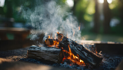 Outdoor campfire with burning logs and smoke