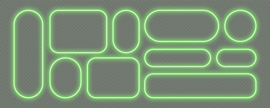 Neon glowing frames, green night banners light effect, bright illuminated borders. Rounded rectangles design elements. Vector light effect.