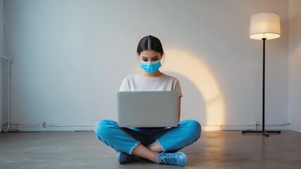 Young woman wearing a blue mask is sitting cross-legged on the floor, working on a laptop in a bright room with soft lighting and a standing lamp nearby, illustrating remote work - Powered by Adobe