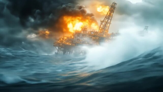Oil rig fire in stormy sea offshore platform engulfed in flames